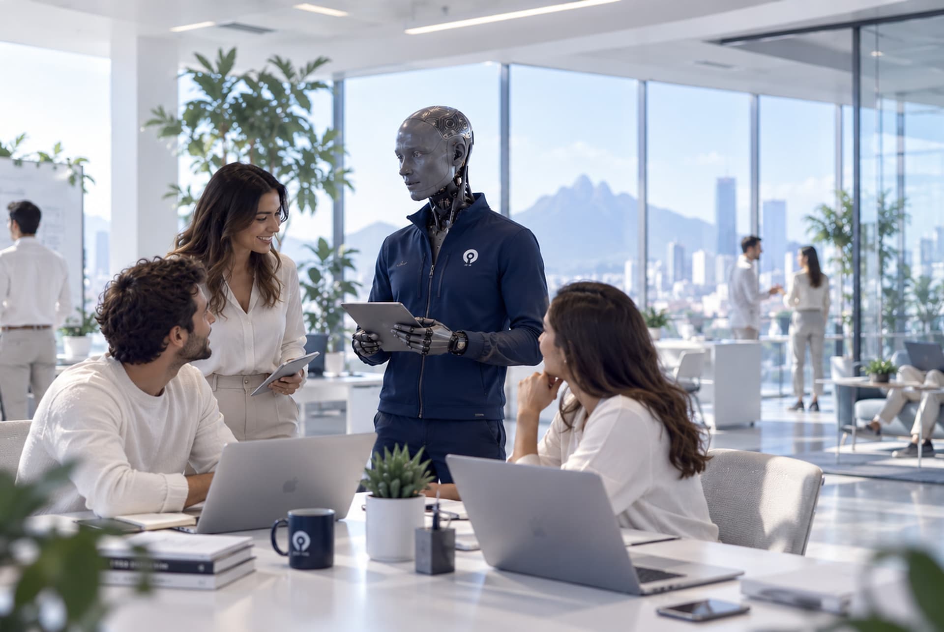 Un equipo trabajando alrededor de una mesa junto a un asistente humanoide con la marca Botbi: la decisión humana y la ejecución sintética en el mismo plano.